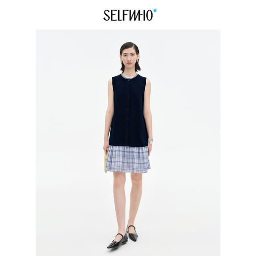 SELFWHO天丝桑蚕丝撞色格纹梭织拼接背心连衣裙女2025秋新款裙子 商品图0