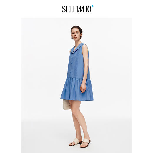 [孙乐言同款]SELFWHO蓝色棉混纺连衣裙女夏季新款压褶a字无袖裙子 商品图3