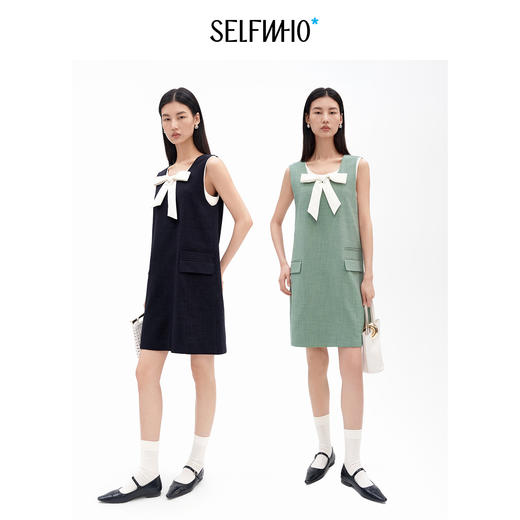 SELFWHO假两件撞色蝴蝶结U领连衣裙女2026夏季新款通小个子无袖裙 商品图1