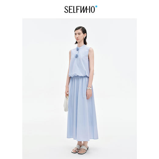 [乔欣同款]SELFWHO蓝色棉混纺立领无袖花苞背心女夏新款短款马甲 商品图1