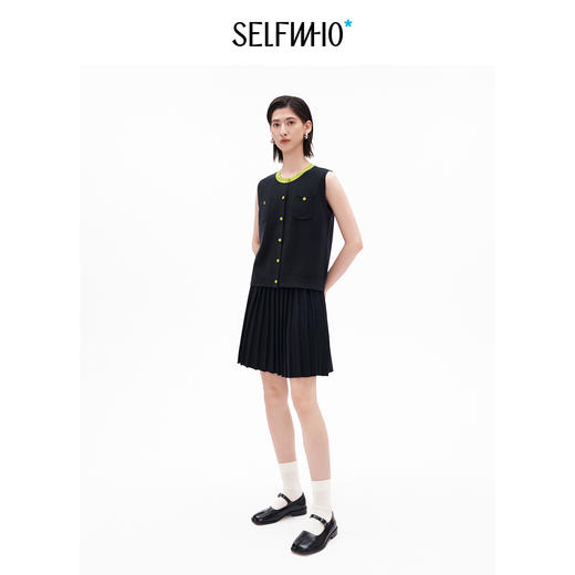 SELFWHO亚麻混纺撞色正肩圆领马甲背心女2026夏新款宽松开衫上衣 商品图3