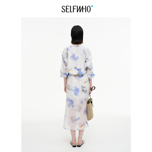 SELFWHO绿绒蒿系列莱赛尔混纺印花连衣裙女2025秋新款绑带衬衫裙 商品图2
