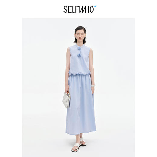 [乔欣同款]SELFWHO蓝色棉混纺立领无袖花苞背心女夏新款短款马甲 商品图2
