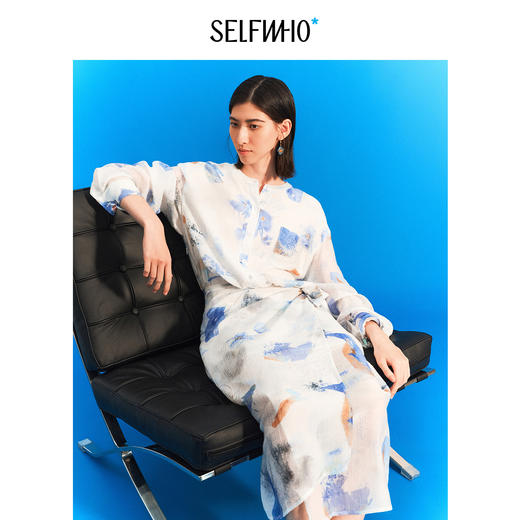 SELFWHO绿绒蒿系列莱赛尔混纺印花连衣裙女2025秋新款绑带衬衫裙 商品图4
