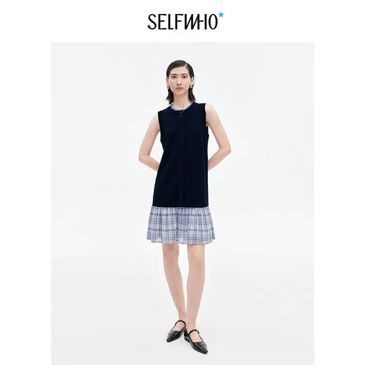 SELFWHO天丝桑蚕丝撞色格纹梭织拼接背心连衣裙女2025秋新款裙子 商品图2