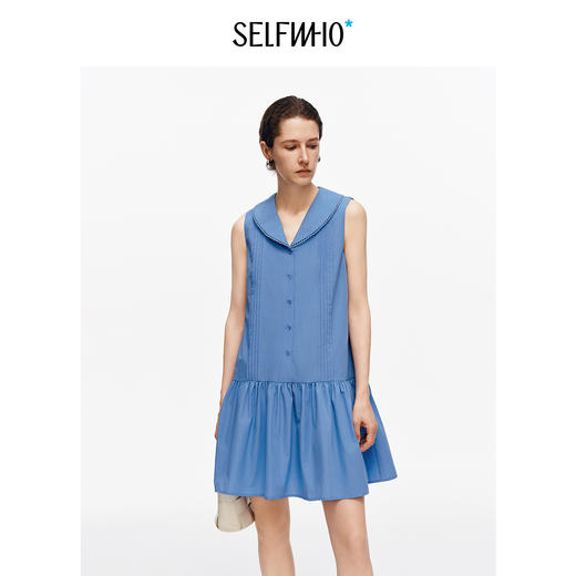 [孙乐言同款]SELFWHO蓝色棉混纺连衣裙女夏季新款压褶a字无袖裙子 商品图0