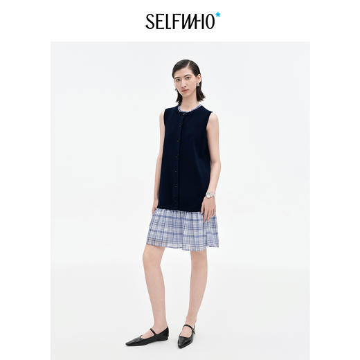 SELFWHO天丝桑蚕丝撞色格纹梭织拼接背心连衣裙女2025秋新款裙子 商品图3