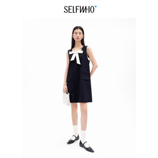 SELFWHO假两件撞色蝴蝶结U领连衣裙女2026夏季新款通小个子无袖裙 商品图3