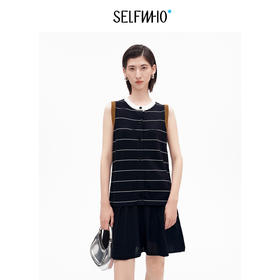 SELFWHO经典复古撞色条纹无袖连衣裙女2026夏新款直筒显瘦百褶裙