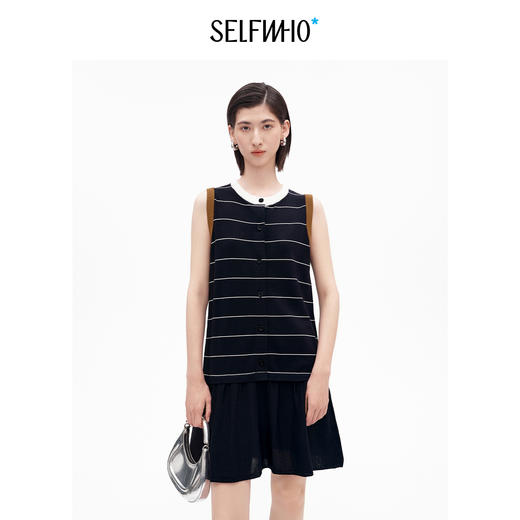 SELFWHO经典复古撞色条纹无袖连衣裙女2026夏新款直筒显瘦百褶裙 商品图0