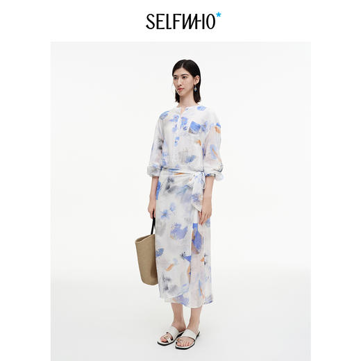SELFWHO绿绒蒿系列莱赛尔混纺印花连衣裙女2025秋新款绑带衬衫裙 商品图1