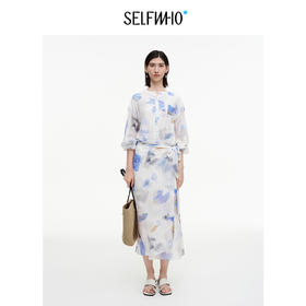 SELFWHO绿绒蒿系列莱赛尔混纺印花连衣裙女2025秋新款绑带衬衫裙