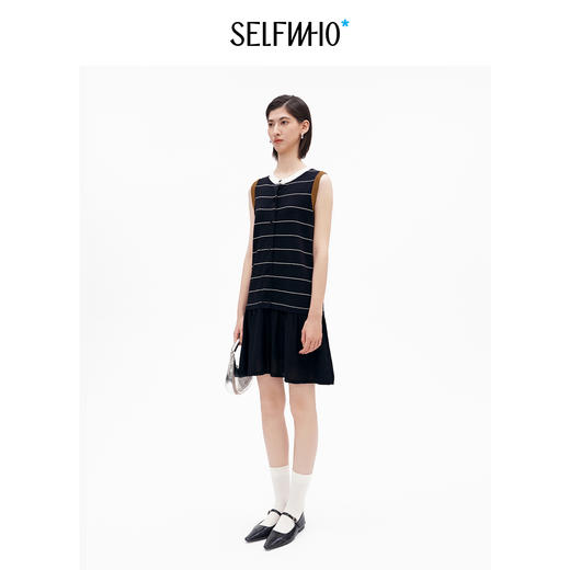 SELFWHO经典复古撞色条纹无袖连衣裙女2026夏新款直筒显瘦百褶裙 商品图1
