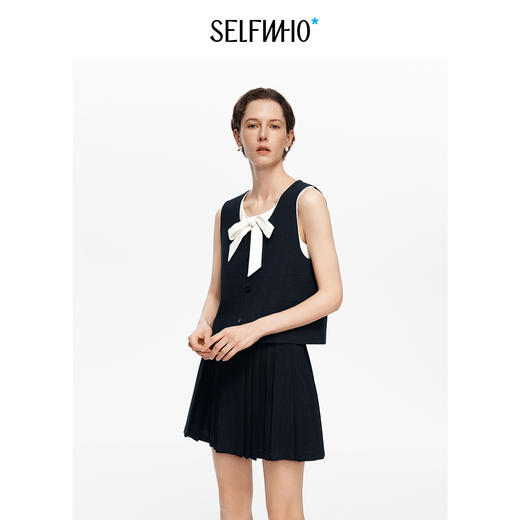 SELFWHO假两件撞色蝴蝶结U领无袖背心女2026夏季新款半裙套装 商品图0
