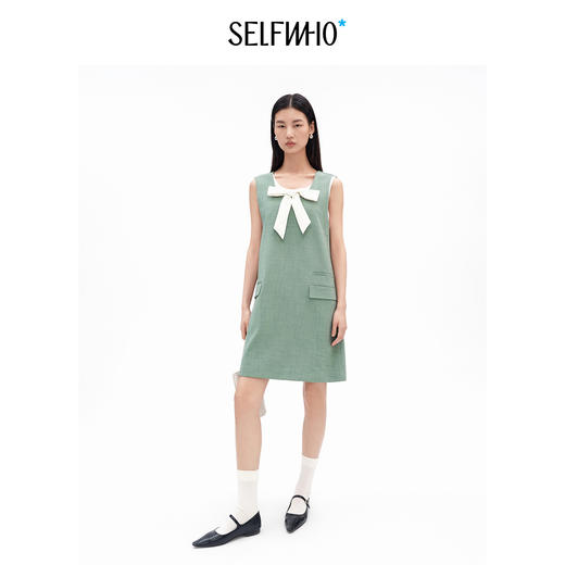 SELFWHO假两件撞色蝴蝶结U领连衣裙女2026夏季新款通小个子无袖裙 商品图2