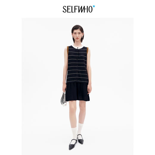 SELFWHO经典复古撞色条纹无袖连衣裙女2026夏新款直筒显瘦百褶裙 商品图2