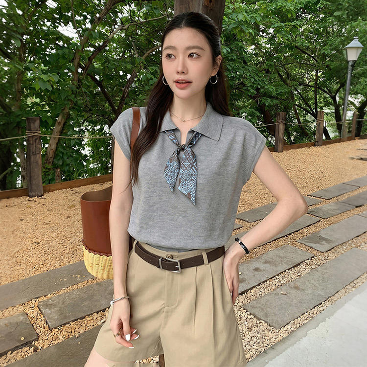 【限时秒杀】西遇Polo领针织短袖T恤女2026年夏季新款复古印花丝巾修身上衣SS060539