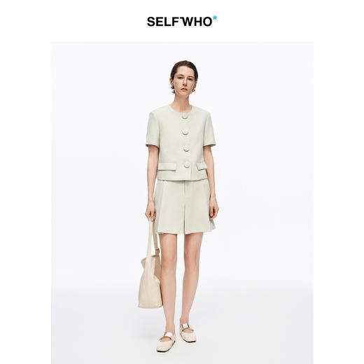 SELFWHO进口仿麻感老钱风西装外套女2026夏新款圆领包扣箱型上衣 商品图2