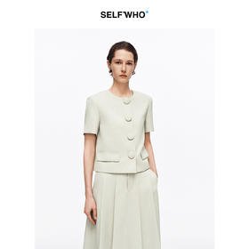 SELFWHO进口仿麻感老钱风西装外套女2026夏新款圆领包扣箱型上衣