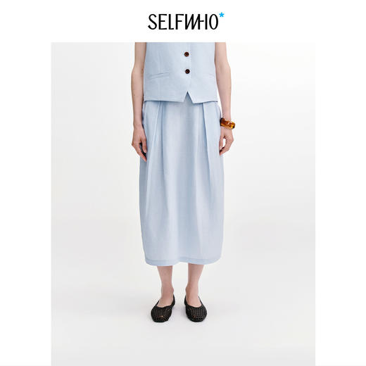 SELFWHO亚麻混纺经典工字褶半身裙女2026秋新款透气中长款直筒裙 商品图0
