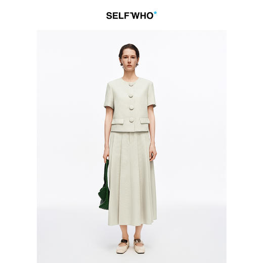 SELFWHO进口仿麻感老钱风西装外套女2026夏新款圆领包扣箱型上衣 商品图3