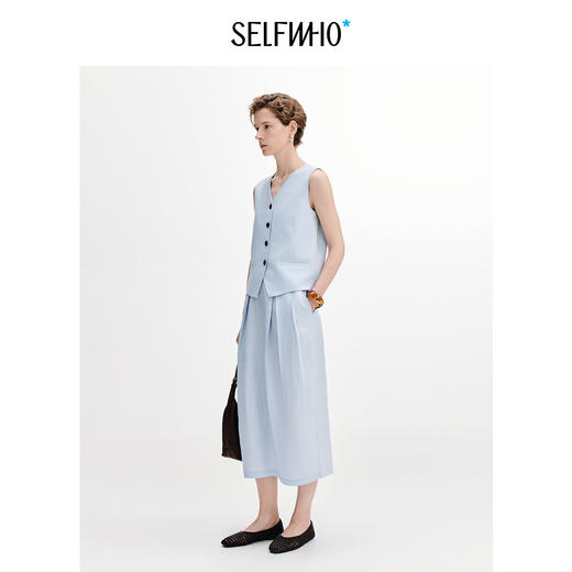 SELFWHO亚麻混纺经典工字褶半身裙女2026秋新款透气中长款直筒裙 商品图2