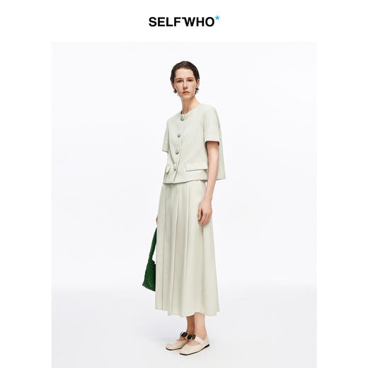 SELFWHO进口仿麻感老钱风西装外套女2026夏新款圆领包扣箱型上衣 商品图1