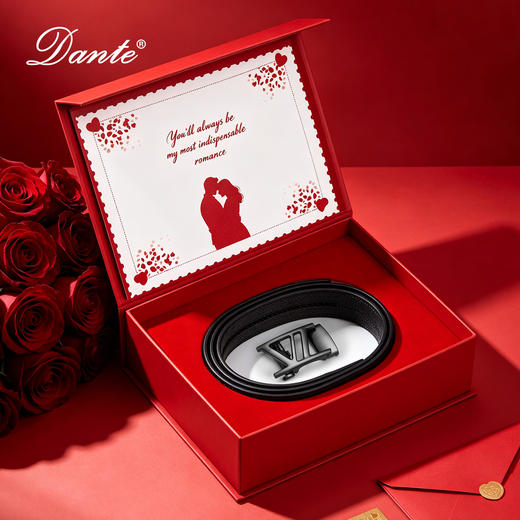 【纹理细腻 礼盒精装】Dante 七夕节 男款/女款  腰带礼盒 雕花金属平滑扣头 手提礼盒套装 商品图2