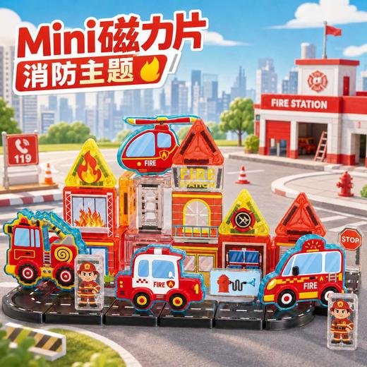 【三大主题场景 拼出城市小世界】儿童益智彩窗磁力片工程车玩具 消防警察工程任选 强磁吸附拼搭稳固 40片含车辆建筑人偶轨道 动手又动脑 商品图0