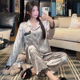 【甜美显瘦❗️波点蝴蝶结家居服套装】亲肤柔软，舒适透气，上身超舒服超好看！睡衣女春秋季新款减龄冰丝长袖长裤★美物社