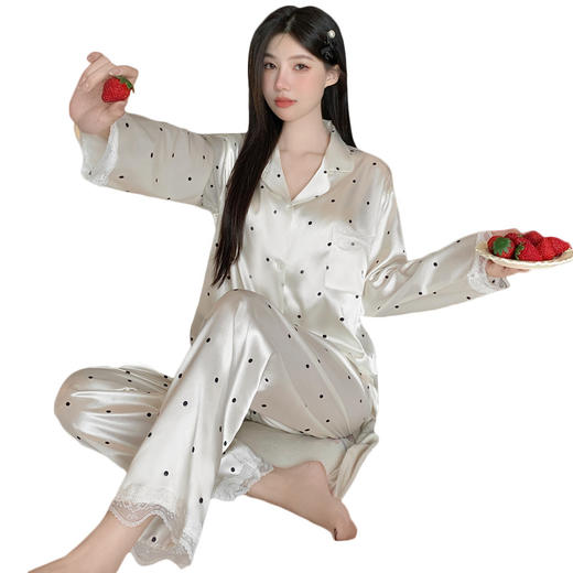 【温柔简约❗️蕾丝拼接睡衣套装】翻领纽扣开襟，顺滑垂坠亲肤，袖口裤脚蕾丝拼接，简约波点印花，春秋款简约圆点长袖高级感家居服套装QQ★美物社 商品图4