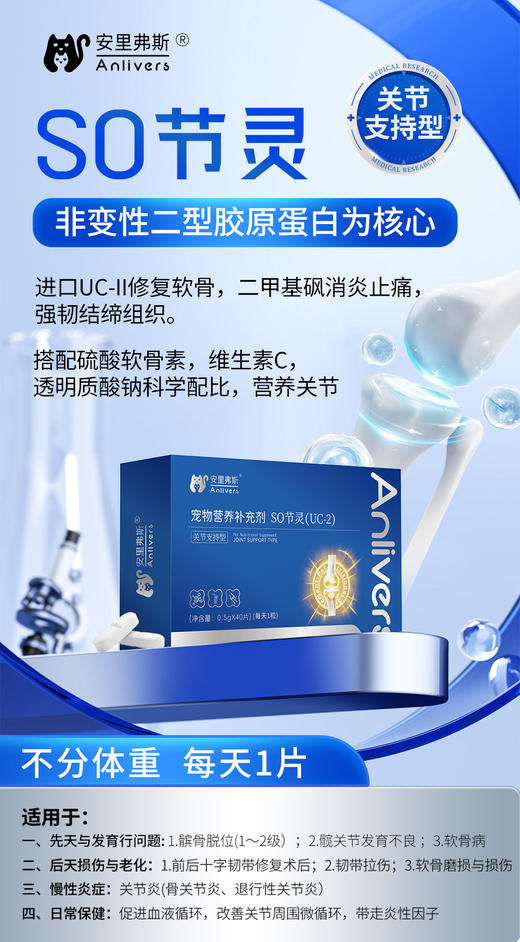安里弗斯 SO节灵UC-2片剂0.5g/片40片/盒，鲁饲预 （2026）15405，效期20280709，产品说明：本品以加非变性‖型胶原蛋白（美国进口UC-2）为核心，搭配硫酸软骨素纳、维生素C、 商品图1