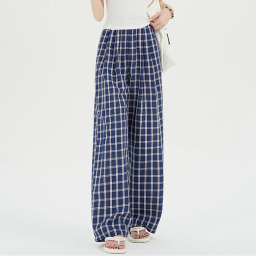 西遇慵懒风藏青格子阔腿裤女2026年夏季新款高腰宽松休闲直筒长裤SS060753 商品图4