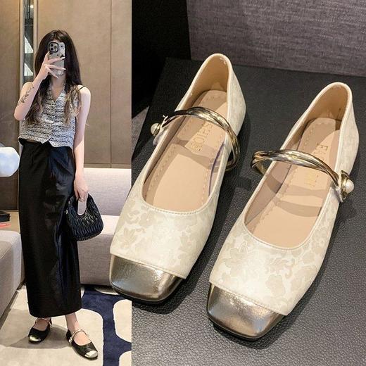 秋季玛丽珍鞋高跟鞋女一字带单鞋新中式国风拼色方头法式珍珠粗跟35-40★娃娃优选 商品图7