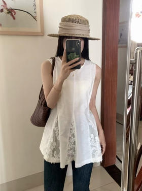 束皙法式亚麻棉蕾丝无袖露肩上衣背心080402