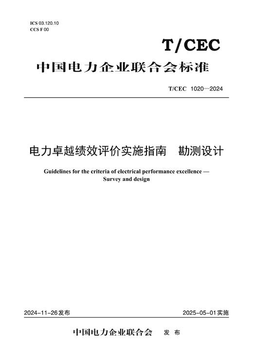 【按需印刷】T/CEC1020-2024 电力卓越绩效评价实施指南 勘测设计 商品图0