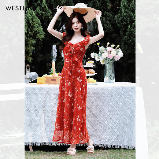 西遇碎花小飞袖连衣裙女2026夏季新款法式V领荷叶蕾丝边气质长裙SS060394 商品图2