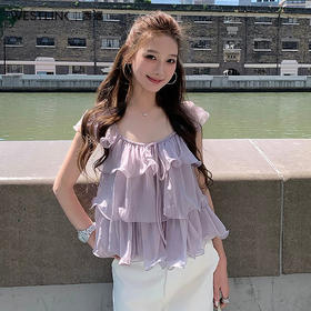 西遇紫色纯欲雪纺衬衫女2026秋新款方领系带泡泡袖荷叶边短款上衣SS060765