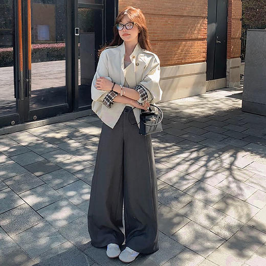 西遇灰色高腰阔腿裤女2026秋季新款垂感拖地显瘦宽松直筒通勤西裤SS060777 商品图1