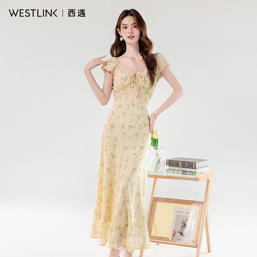 西遇法式复古碎花连衣裙女2026夏季新款V领蝴蝶结系带中长款裙子SS060334 商品图5