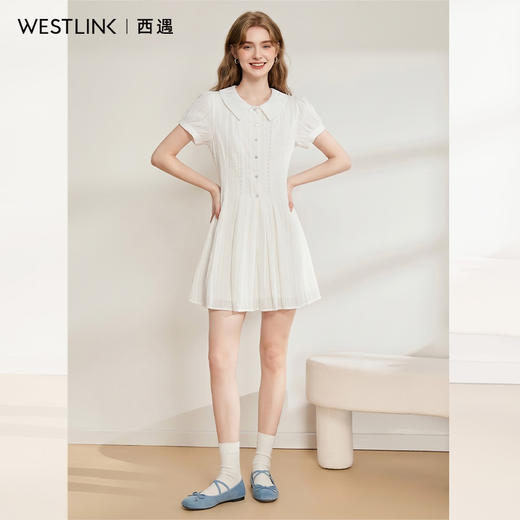 西遇2026夏季新款白色收腰百褶连衣裙女学院风显瘦泡泡袖短款裙子E0060215 商品图2