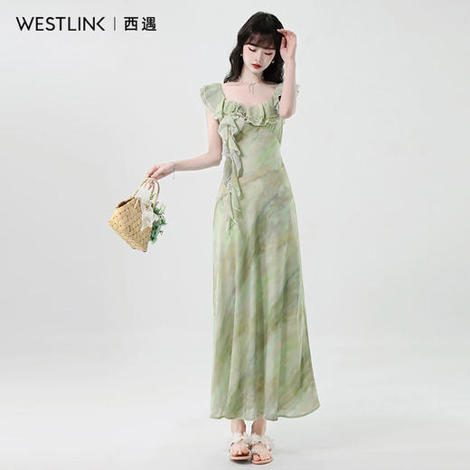 西遇法式茶歇连衣裙女2026年夏季新款荷叶领飘带晕染收腰显瘦长裙SS060337 商品图2