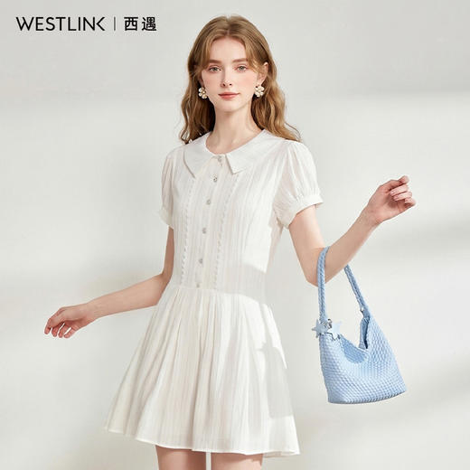 西遇2026夏季新款白色收腰百褶连衣裙女学院风显瘦泡泡袖短款裙子E0060215 商品图3