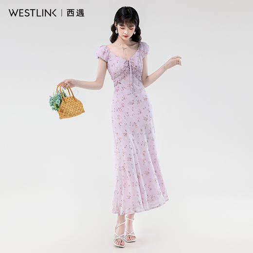 西遇法式复古碎花连衣裙女2026夏季新款V领蝴蝶结系带中长款裙子SS060334 商品图2