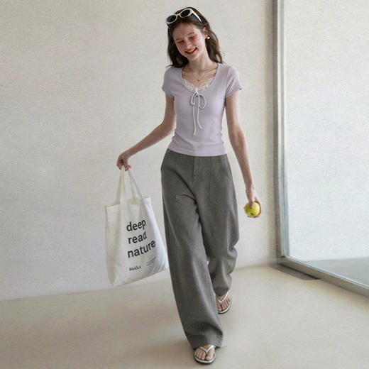 西遇蕾丝拼接v领短袖T恤女2026年秋季新款蝴蝶结系带收腰正肩上衣SS060793 商品图3