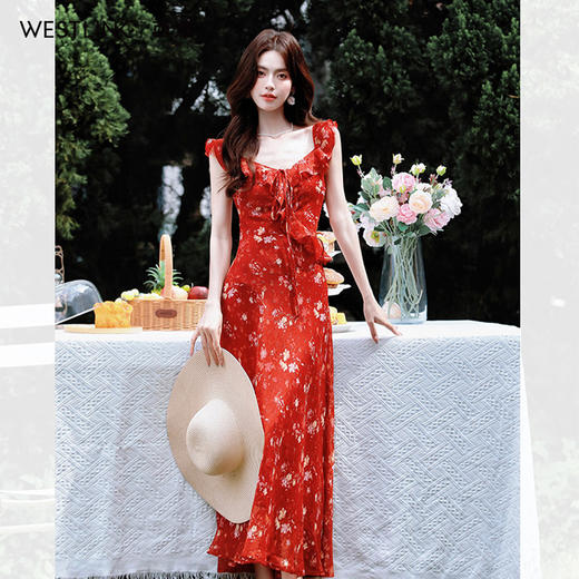 西遇碎花小飞袖连衣裙女2026夏季新款法式V领荷叶蕾丝边气质长裙SS060394 商品图4