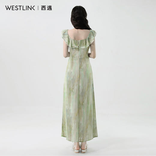 西遇法式茶歇连衣裙女2026年夏季新款荷叶领飘带晕染收腰显瘦长裙SS060337 商品图4