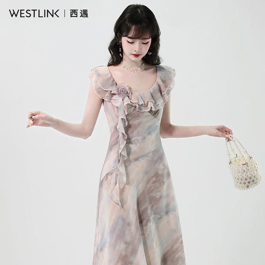 西遇法式茶歇连衣裙女2026年夏季新款荷叶领飘带晕染收腰显瘦长裙SS060337 商品图3