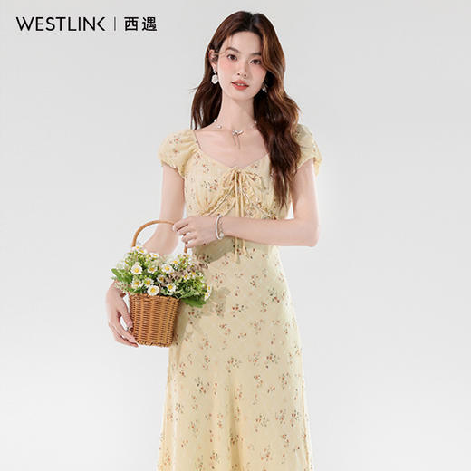 西遇法式复古碎花连衣裙女2026夏季新款V领蝴蝶结系带中长款裙子SS060334 商品图3