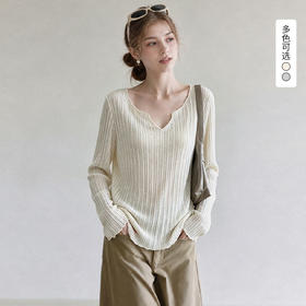 西遇木耳边v领长袖T恤女2026年秋季新款宽松微透防晒罩衫上衣SS060792